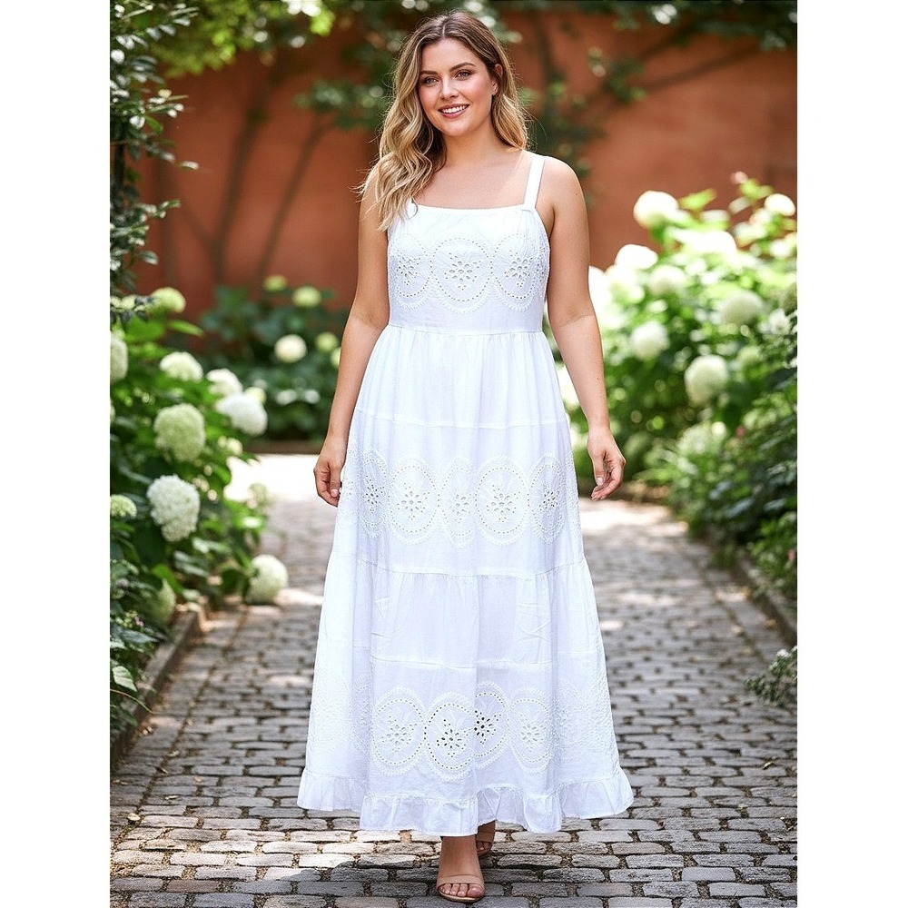 NWT White Eyelet 100% Cotton Maxi Beach Dress 2X - Tiered Boho Peasant